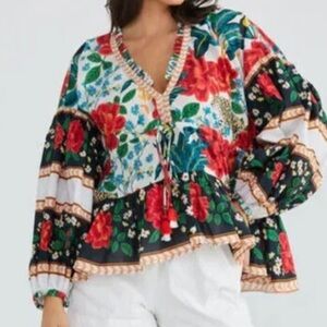 Talisman Boho Floral Toucan Leopard Tassel Peasant Top – M/L – 100% Cotton